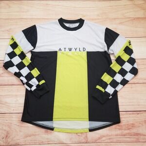 Atwyld Motocross Jersey Mens Medium Green Black White Long Sleeve Checkered